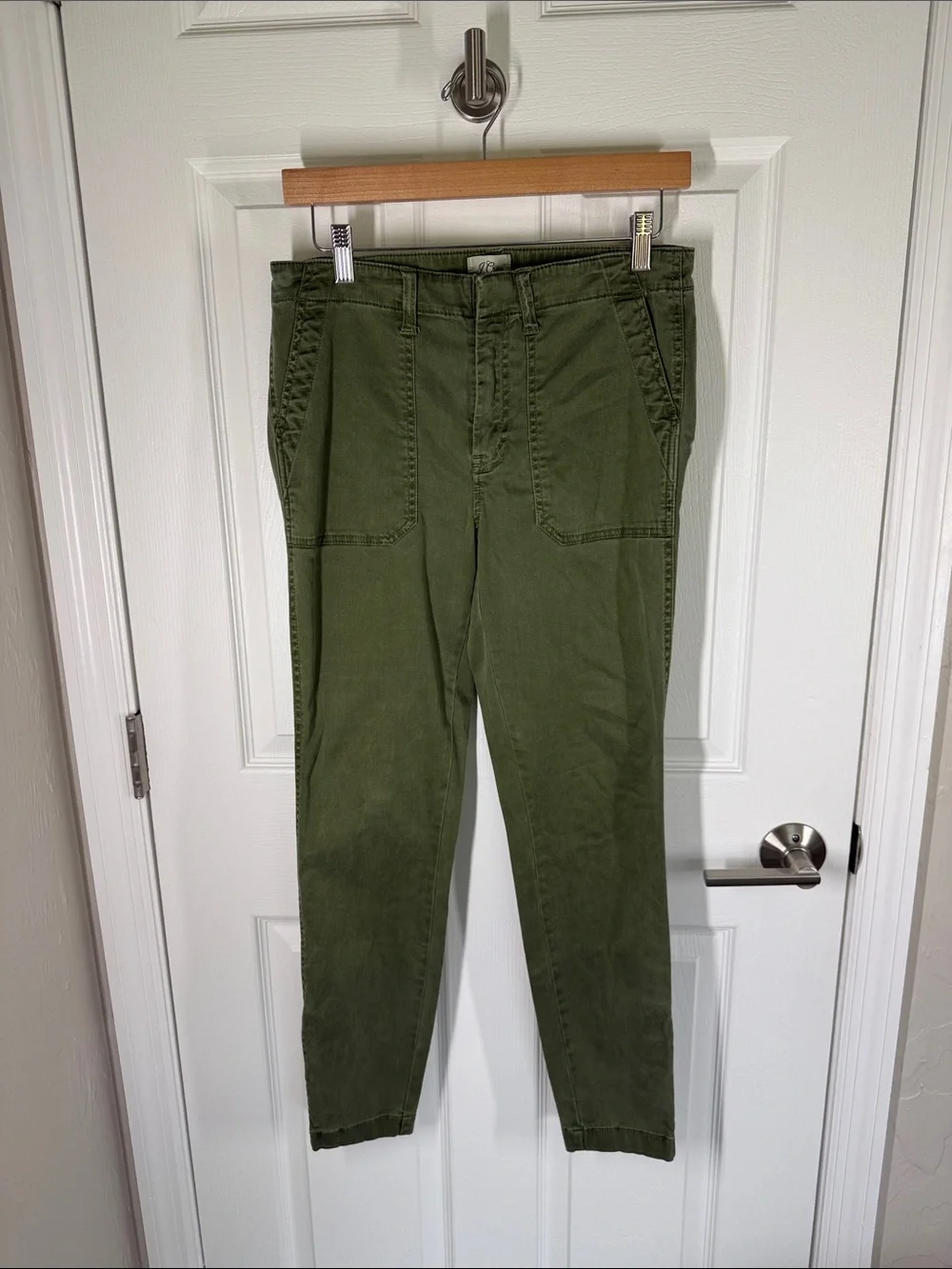 J Crew olive army green zipper leg skinny stretchy utility chino pants size 28